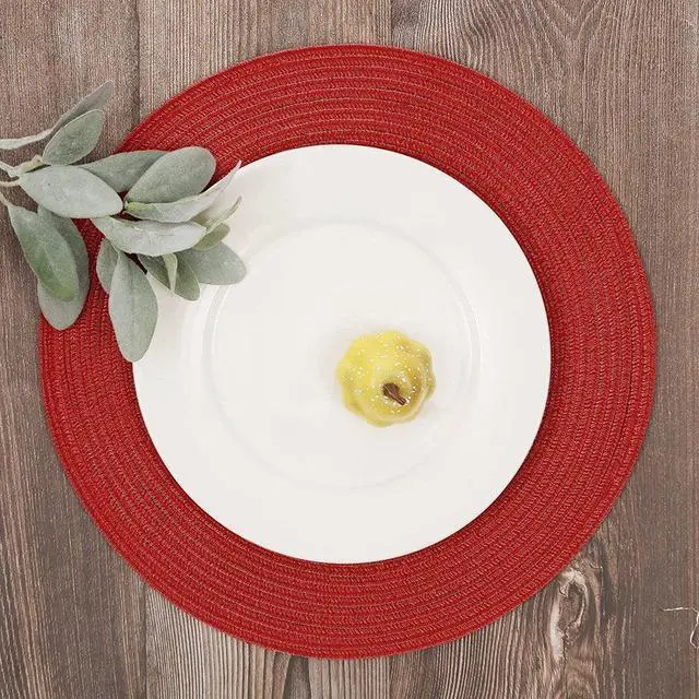 Alt view image 6 of 7 - QUTETN Round Braided Placemats Set of 6 Table Mats for Dining Tables Woven Washable Non-Slip Place mats 15 Inch Red