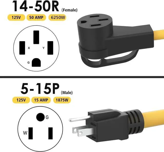 Alt view image 2 of 7 - RV Adapter Cord, NEMA 5-15P to 14-50R, 50Amp to 15Amp, 110 V, 10 Gauge, for RV trailer, camping accessories