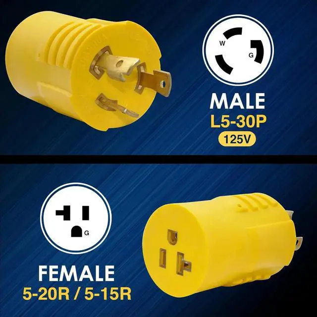 Alt view image 2 of 7 - Shore Power 30A to 15A Generator Connector, NEMA L5-30P to 5-15R / 5-20R, 30 Amp to 110V Adapter, ETL-Certified, RV, Marine, and Household Use