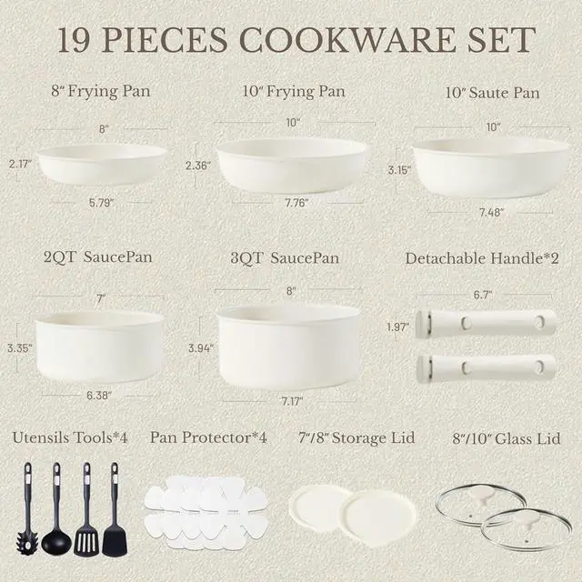 Alt view image 2 of 7 - CAROTE 19pcs Pots and Pans Set Non Stick, Cookware Sets, Kitchen Set, Oven/Fridge Safe, Space Saving Pots Set, Nonstick Cooking Set with Versatile Detachable Handle, Induction RV Set, Cream White