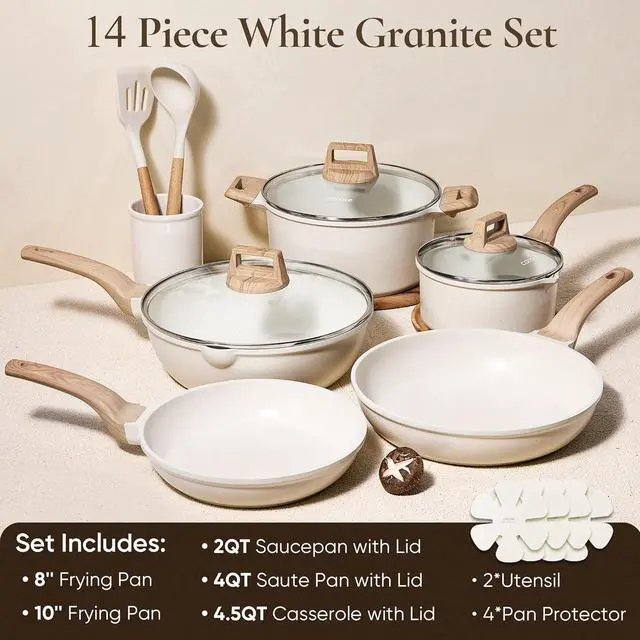 Alt view image 2 of 7 - CAROTE 14 Pcs Pots and Pans Set Nonstick,Cookware Set Kitchen Cooking Set with Utensil and Pan Protectors
