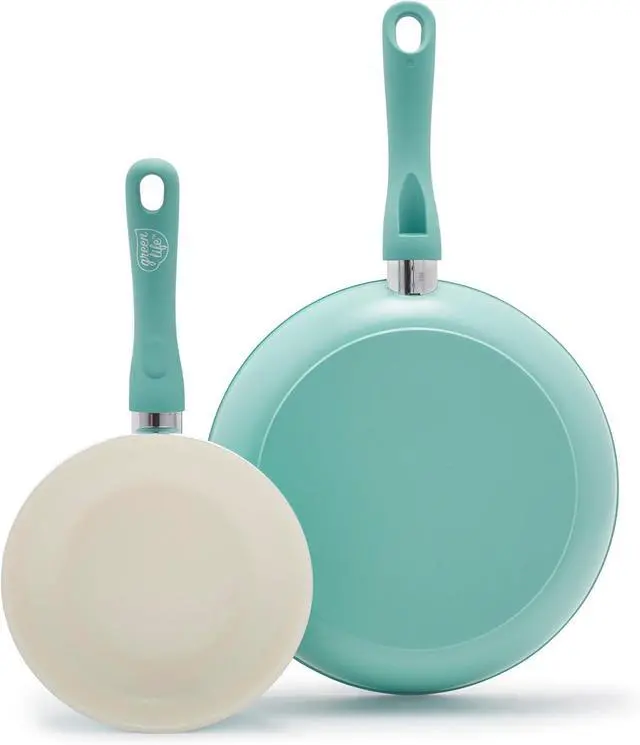 Main image of GreenLife Non Stick Fry Pan Set (7" & 10"), Non-Toxic PFAS-Free Ceramic Skillets, Dishwasher & Oven Safe, Egg Omelet Frying Pans, Stay- Cool Handles, Kitchen Home Cooking Essentials, Turquoise