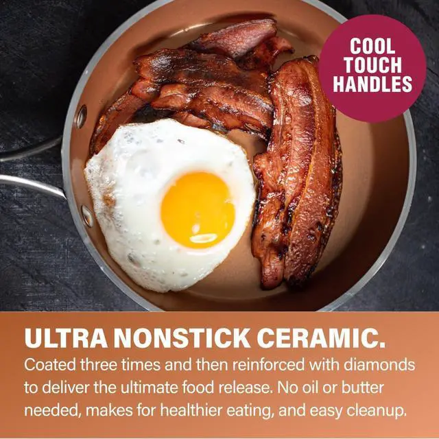 Alt view image 3 of 6 - Gotham Steel Hammered 15 Pc Ceramic Cookware Set Nonstick, Deep Copper Pots and Pans Set Non Stick with Bakeware & Deep Fry Pan, Non Toxic PFOA PFOS Free, Induction Oven and Dishwasher Safe