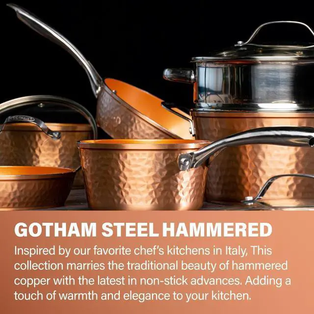 Alt view image 5 of 6 - Gotham Steel Hammered 15 Pc Ceramic Cookware Set Nonstick, Deep Copper Pots and Pans Set Non Stick with Bakeware & Deep Fry Pan, Non Toxic PFOA PFOS Free, Induction Oven and Dishwasher Safe