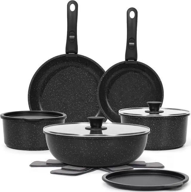 Main image of 15Pcs Pots and Pans Set Non Stick, Cookware Sets with Detachable Handle, Nonstick RV Kitchen Cooking Tools Removable Handles, Oven Safe, Induction Fast, Stackable Induction Cookware,Black