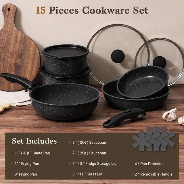 Alt view image 2 of 7 - 15Pcs Pots and Pans Set Non Stick, Cookware Sets with Detachable Handle, Nonstick RV Kitchen Cooking Tools Removable Handles, Oven Safe, Induction Fast, Stackable Induction Cookware,Black