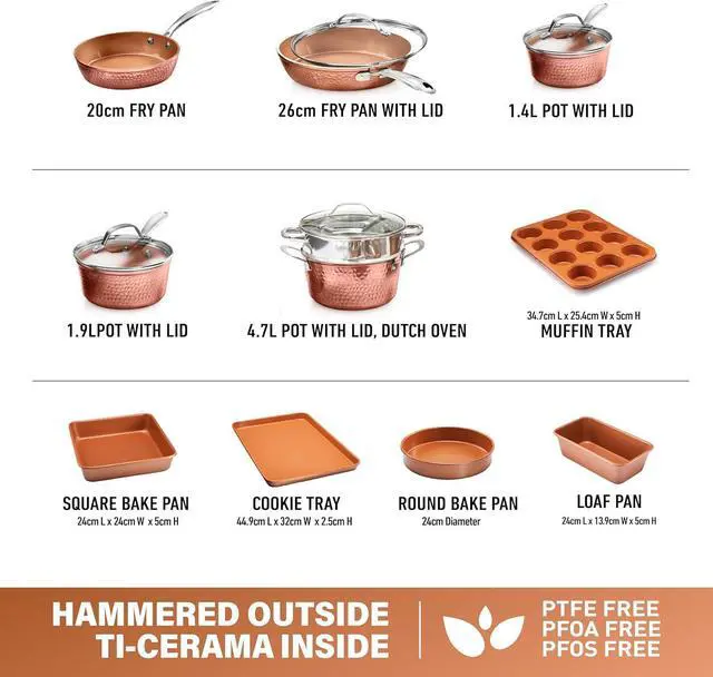 Alt view image 2 of 6 - Gotham Steel Hammered 15 Pc Ceramic Cookware Set Nonstick, Deep Copper Pots and Pans Set Non Stick with Bakeware & Deep Fry Pan, Non Toxic PFOA PFOS Free, Induction Oven and Dishwasher Safe