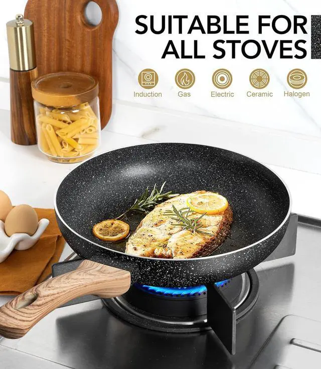 Alt view image 5 of 7 - MICHELANGELO Non Stick Frying Pans - 8"+9.5"+11" Nonstick Frying Pan Set with Non-Toxic Stone Coating, Frying Pans Nonstick with Anti-Scald Handle, Induction Compatible