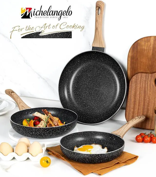 Alt view image 7 of 7 - MICHELANGELO Non Stick Frying Pans - 8"+9.5"+11" Nonstick Frying Pan Set with Non-Toxic Stone Coating, Frying Pans Nonstick with Anti-Scald Handle, Induction Compatible