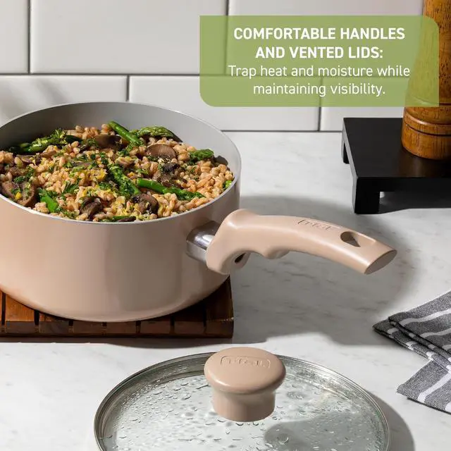 Alt view image 5 of 7 - T-Fal Refresh Ceramic Nonstick Cookware Set, 12-Piece Ceramic Pots and Pans Set, Includes Stockpot, Griddle, Frying Pans, Utensils, Moon Grey