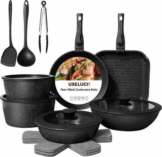 Main image of 20 Pcs Pots and Pans Set Non Stick, Ceramic Cookware Set Detachable Handle, RV Kitchen Cooking Set Removeable Handles, Oven Safe, Induction Ready, Stackable Non-stick, Black
