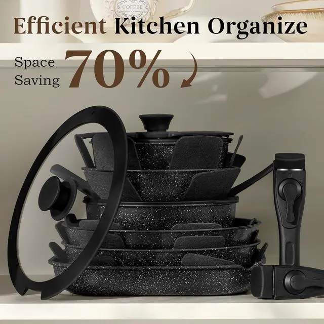 Alt view image 2 of 7 - 20 Pcs Pots and Pans Set Non Stick, Ceramic Cookware Set Detachable Handle, RV Kitchen Cooking Set Removeable Handles, Oven Safe, Induction Ready, Stackable Non-stick, Black