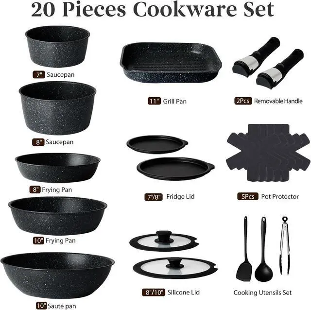 Alt view image 5 of 7 - 20 Pcs Pots and Pans Set Non Stick, Ceramic Cookware Set Detachable Handle, RV Kitchen Cooking Set Removeable Handles, Oven Safe, Induction Ready, Stackable Non-stick, Black