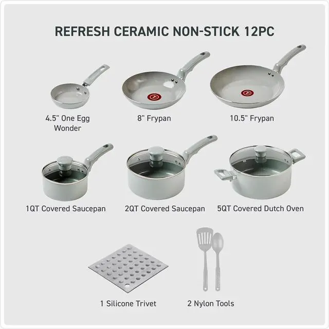 Alt view image 2 of 7 - T-Fal Refresh Ceramic Nonstick Cookware Set, 12-Piece Ceramic Pots and Pans Set, Includes Stockpot, Griddle, Frying Pans, Utensils, Moon Grey