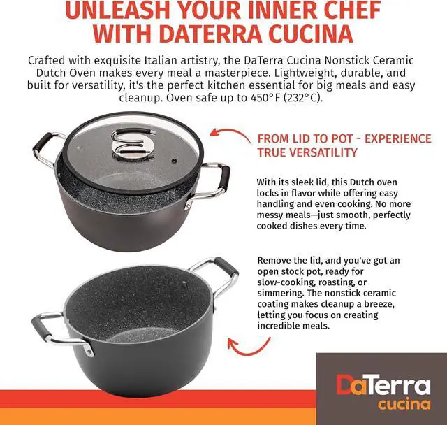 Alt view image 2 of 7 - DaTerra Cucina - 8 Qt Nonstick Ceramic Dutch Oven with Lid  Large Stock Pot, Oven & Induction Safe, Heavy Duty, Lightweight, Lead & PFOA Free, Volcanic Black | Made in Italy