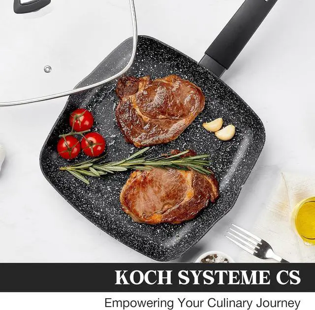 Alt view image 2 of 7 - KOCH SYSTEME CS 9.5 Inch Nonstick Grill Pan for Stove Tops, Marble Coating Square Grill Skillet with Lid, Fry Pan Compatible with all Stoves, Ultimate Nonstick Skillet with Bakelite Handle, Toxic-Free
