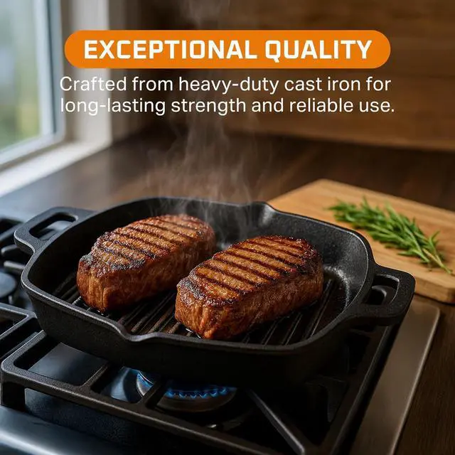 Alt view image 2 of 6 - Bruntmor 13 Inch Cast Iron Pan Griddle - Pre-Seasoned Cast Iron Grill Pan for Stove Top and Outdoor Cooking - No Stick Grilling Pan with Ridges for Meats, Steaks and Vegetables - Induction Compatible