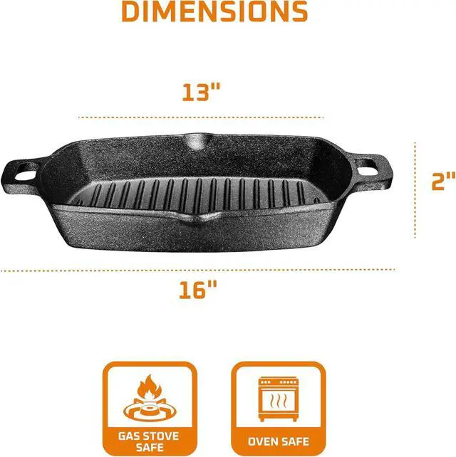 Alt view image 3 of 6 - Bruntmor 13 Inch Cast Iron Pan Griddle - Pre-Seasoned Cast Iron Grill Pan for Stove Top and Outdoor Cooking - No Stick Grilling Pan with Ridges for Meats, Steaks and Vegetables - Induction Compatible