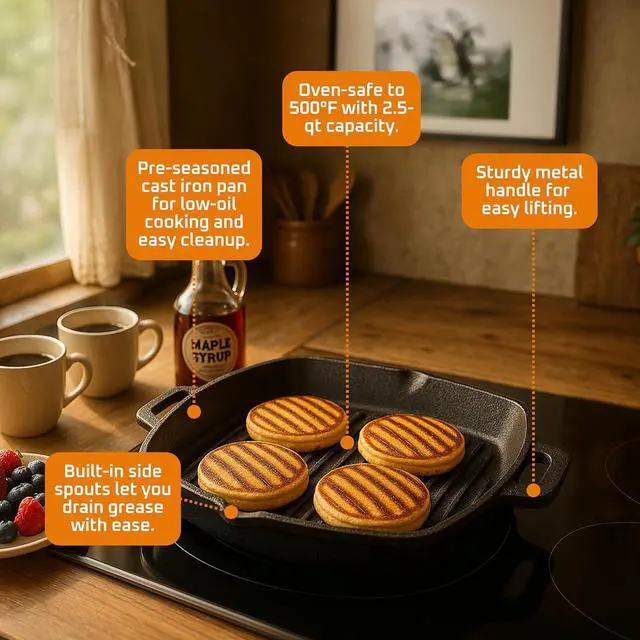 Alt view image 4 of 6 - Bruntmor 13 Inch Cast Iron Pan Griddle - Pre-Seasoned Cast Iron Grill Pan for Stove Top and Outdoor Cooking - No Stick Grilling Pan with Ridges for Meats, Steaks and Vegetables - Induction Compatible