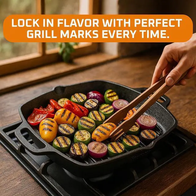 Alt view image 6 of 6 - Bruntmor 13 Inch Cast Iron Pan Griddle - Pre-Seasoned Cast Iron Grill Pan for Stove Top and Outdoor Cooking - No Stick Grilling Pan with Ridges for Meats, Steaks and Vegetables - Induction Compatible