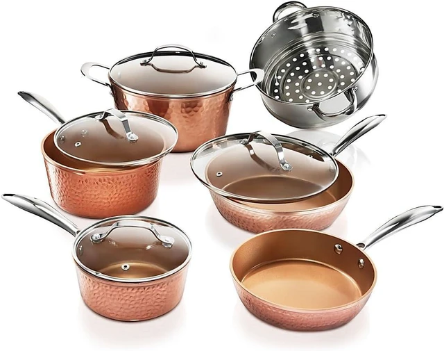 Main image of Gotham Steel Hammered 15 Pc Ceramic Cookware Set, Induction Pots and Pans Set Non Stick with Cooking Utensils & Steamer, Non Toxic Ceramic & Titanium Coating PFOA PFOS Free, Oven & Dishwasher Safe