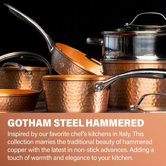 Alt view image 2 of 6 - Gotham Steel Hammered 15 Pc Ceramic Cookware Set, Induction Pots and Pans Set Non Stick with Cooking Utensils & Steamer, Non Toxic Ceramic & Titanium Coating PFOA PFOS Free, Oven & Dishwasher Safe
