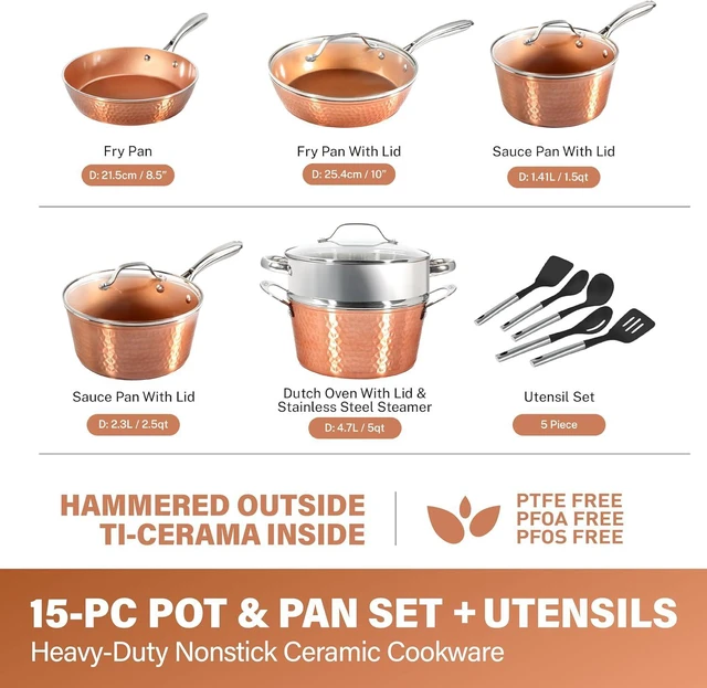 Alt view image 3 of 6 - Gotham Steel Hammered 15 Pc Ceramic Cookware Set, Induction Pots and Pans Set Non Stick with Cooking Utensils & Steamer, Non Toxic Ceramic & Titanium Coating PFOA PFOS Free, Oven & Dishwasher Safe