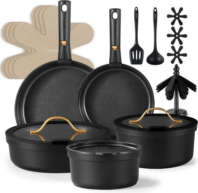 Main image of CAROTE 20pcs Pots and Pans Set Non Stick, Nonstick Cookware Set, Dishwasher/Oven/Fridge Safe Pots and Pans, Removable Handle RV Oven Safe Cookware, Induction Kitchen Set, Black