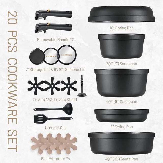 Alt view image 2 of 7 - CAROTE 20pcs Pots and Pans Set Non Stick, Nonstick Cookware Set, Dishwasher/Oven/Fridge Safe Pots and Pans, Removable Handle RV Oven Safe Cookware, Induction Kitchen Set, Black