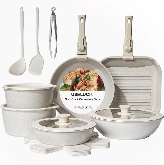Main image of 20 Pcs Pots and Pans Set Non Stick, Ceramic Cookware Set Detachable Handle, RV Kitchen Cooking Set Removeable Handles, Oven Safe, Induction Ready, Stackable Non-stick, Cream White