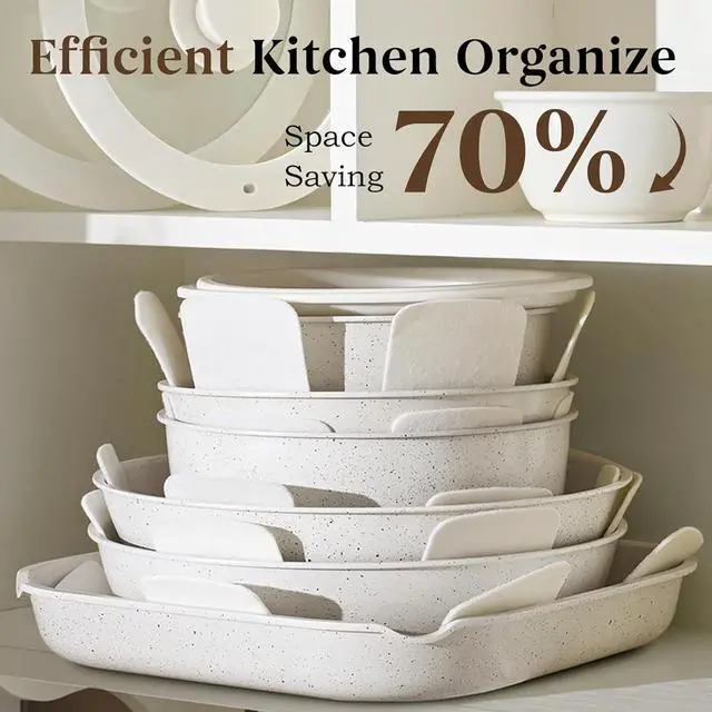 Alt view image 2 of 7 - 20 Pcs Pots and Pans Set Non Stick, Ceramic Cookware Set Detachable Handle, RV Kitchen Cooking Set Removeable Handles, Oven Safe, Induction Ready, Stackable Non-stick, Cream White