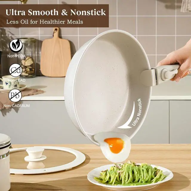 Alt view image 3 of 7 - 20 Pcs Pots and Pans Set Non Stick, Ceramic Cookware Set Detachable Handle, RV Kitchen Cooking Set Removeable Handles, Oven Safe, Induction Ready, Stackable Non-stick, Cream White