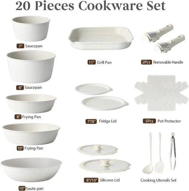 Alt view image 5 of 7 - 20 Pcs Pots and Pans Set Non Stick, Ceramic Cookware Set Detachable Handle, RV Kitchen Cooking Set Removeable Handles, Oven Safe, Induction Ready, Stackable Non-stick, Cream White