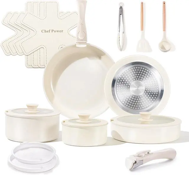 Main image of Chef Power Ceramic Cookware Set Non Toxic with Detachable Handles, Healthy Nonstick Pans and Pots Set 19 Pcs, Induction Dishwasher Oven Safe Kitchen Set, PFAS PFOA & PTFE Free, Cream White