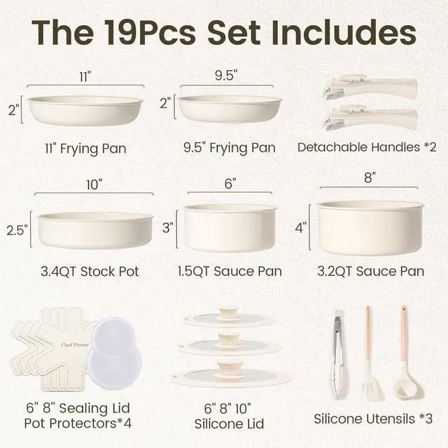 Alt view image 2 of 7 - Chef Power Ceramic Cookware Set Non Toxic with Detachable Handles, Healthy Nonstick Pans and Pots Set 19 Pcs, Induction Dishwasher Oven Safe Kitchen Set, PFAS PFOA & PTFE Free, Cream White