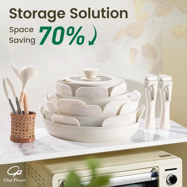 Alt view image 3 of 7 - Chef Power Ceramic Cookware Set Non Toxic with Detachable Handles, Healthy Nonstick Pans and Pots Set 19 Pcs, Induction Dishwasher Oven Safe Kitchen Set, PFAS PFOA & PTFE Free, Cream White