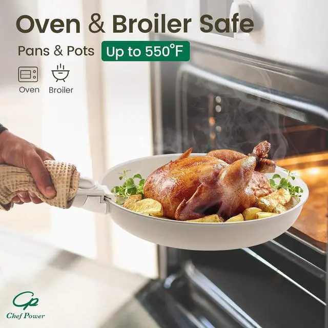 Alt view image 6 of 7 - Chef Power Ceramic Cookware Set Non Toxic with Detachable Handles, Healthy Nonstick Pans and Pots Set 19 Pcs, Induction Dishwasher Oven Safe Kitchen Set, PFAS PFOA & PTFE Free, Cream White