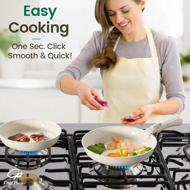 Alt view image 7 of 7 - Chef Power Ceramic Cookware Set Non Toxic with Detachable Handles, Healthy Nonstick Pans and Pots Set 19 Pcs, Induction Dishwasher Oven Safe Kitchen Set, PFAS PFOA & PTFE Free, Cream White