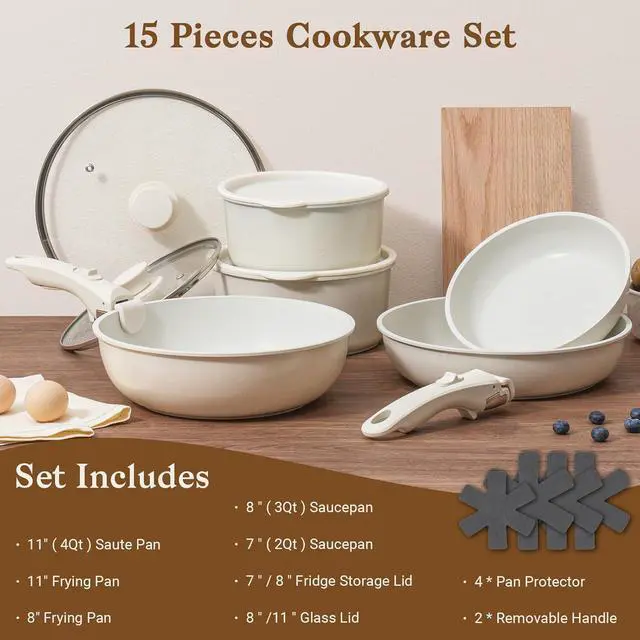 Alt view image 2 of 7 - 15Pcs Pots and Pans Set Non Stick, Cookware Sets with Detachable Handle, Nonstick RV Kitchen Cooking Tools Removable Handles, Oven Safe, Induction Fast, Stackable Induction Cookware, White