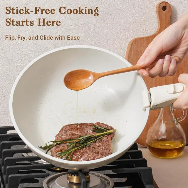 Alt view image 3 of 7 - 15Pcs Pots and Pans Set Non Stick, Cookware Sets with Detachable Handle, Nonstick RV Kitchen Cooking Tools Removable Handles, Oven Safe, Induction Fast, Stackable Induction Cookware, White