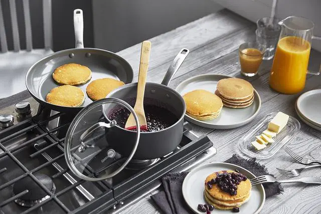 Alt view image 3 of 5 - GreenPan Chatham Hard Anodized Healthy Ceramic Nonstick 10 Piece Cookware Pots and Pans Set, Frying Pan Skillets, Saucepans, Saute Pan, Stockpot, Lids, PFAS-Free, Dishwasher & Oven Safe, Gray