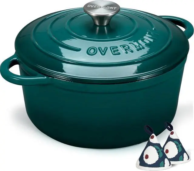 Main image of Overmont Enameled Cast Iron Dutch Oven - 5.5QT Pot with Lid Cookbook & Cotton Potholders - Heavy-Duty Cookware for Braising, Stews, Roasting, Bread Baking bottle green