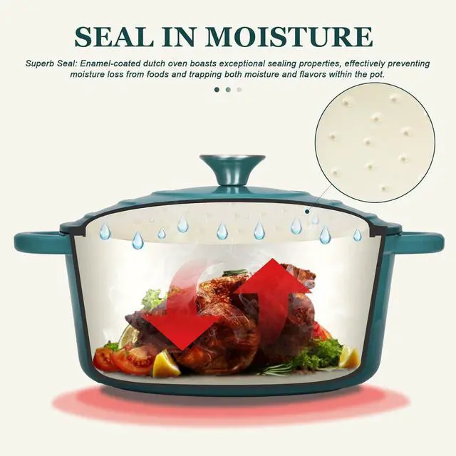 Alt view image 3 of 7 - Overmont Enameled Cast Iron Dutch Oven - 5.5QT Pot with Lid Cookbook & Cotton Potholders - Heavy-Duty Cookware for Braising, Stews, Roasting, Bread Baking bottle green