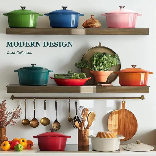 Alt view image 2 of 7 - Overmont Enameled Cast Iron Dutch Oven - 5.5QT Pot with Lid Cookbook & Cotton Potholders - Heavy-Duty Cookware for Braising, Stews, Roasting, Bread Baking bottle green