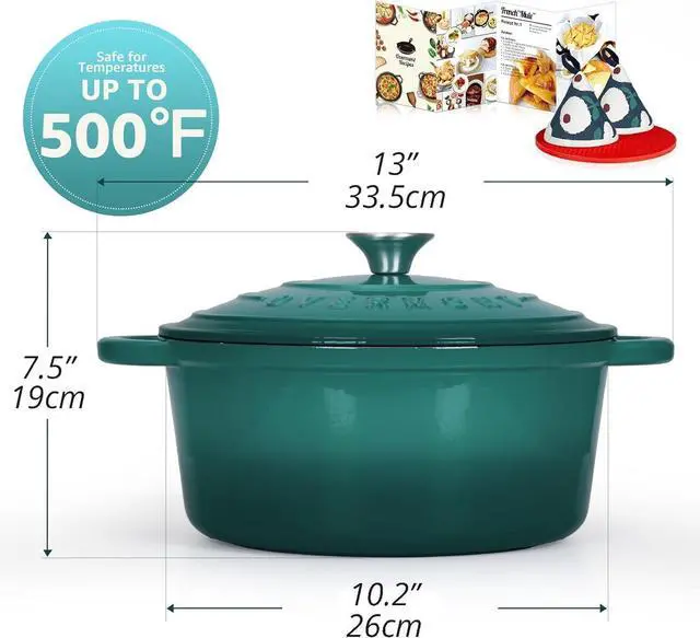 Alt view image 5 of 7 - Overmont Enameled Cast Iron Dutch Oven - 5.5QT Pot with Lid Cookbook & Cotton Potholders - Heavy-Duty Cookware for Braising, Stews, Roasting, Bread Baking bottle green