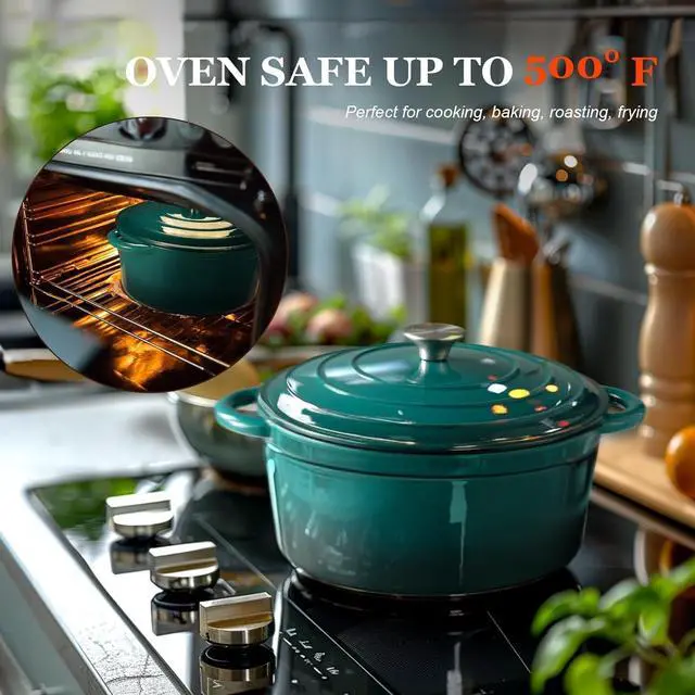 Alt view image 6 of 7 - Overmont Enameled Cast Iron Dutch Oven - 5.5QT Pot with Lid Cookbook & Cotton Potholders - Heavy-Duty Cookware for Braising, Stews, Roasting, Bread Baking bottle green
