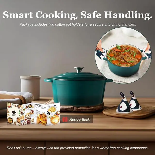 Alt view image 7 of 7 - Overmont Enameled Cast Iron Dutch Oven - 5.5QT Pot with Lid Cookbook & Cotton Potholders - Heavy-Duty Cookware for Braising, Stews, Roasting, Bread Baking bottle green