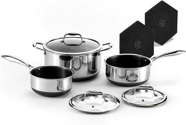 Main image of HexClad Hybrid Nonstick 6-Piece Pot Set with 2 Silicone Trivets, 2, 3, and 8-Quart Pots with Tempered Glass Lids, Stay-Cool Handles, Dishwasher-Friendly, Induction Ready, Compatible with All Cooktops