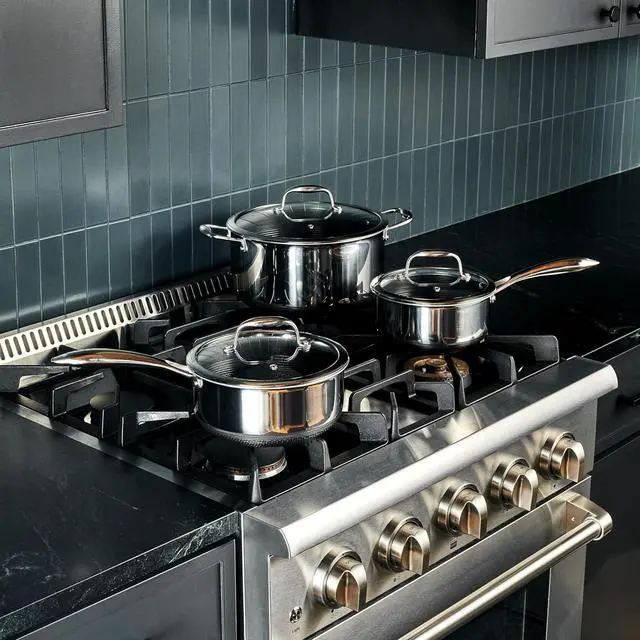 Alt view image 3 of 7 - HexClad Hybrid Nonstick 6-Piece Pot Set with 2 Silicone Trivets, 2, 3, and 8-Quart Pots with Tempered Glass Lids, Stay-Cool Handles, Dishwasher-Friendly, Induction Ready, Compatible with All Cooktops