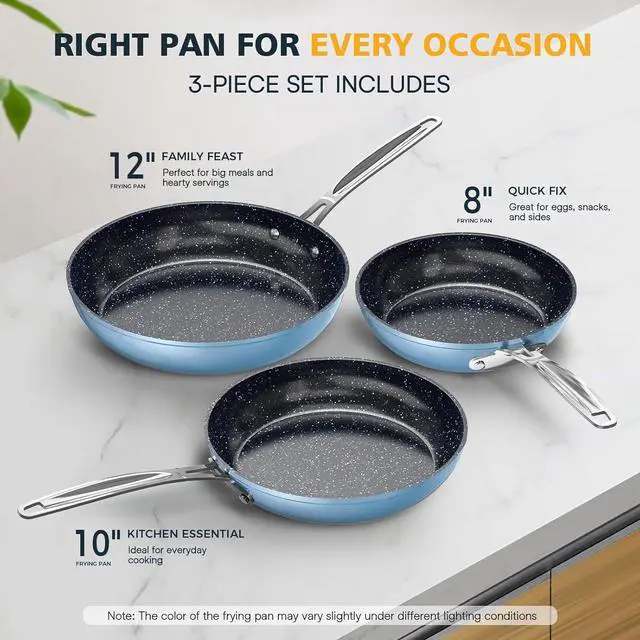 Alt view image 3 of 7 - Nuwave 3-Piece 8, 10, 12 Forged Lightweight Frying Pan Set, G10 Healthy Duralon Blue Ceramic Ultra Non-Stick, Ergonomic Stay-Cool Handles, Induction-Ready & Works on All Cooktops